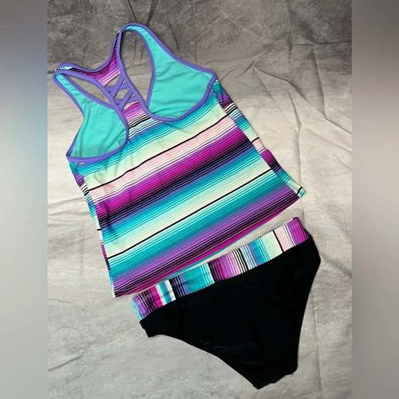 ZeroXposur Tankini in Shades of Purple, Aqua, Teal and Black - sz 12 1/2 - Picture 2 of 7